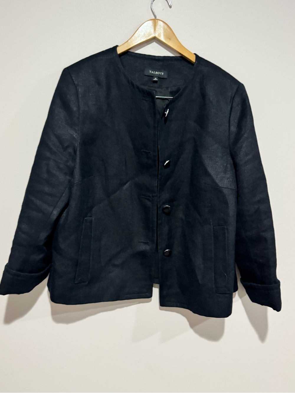 Talbots Jacket Blazer Women's Size 16 Black Linen Casual Button Down